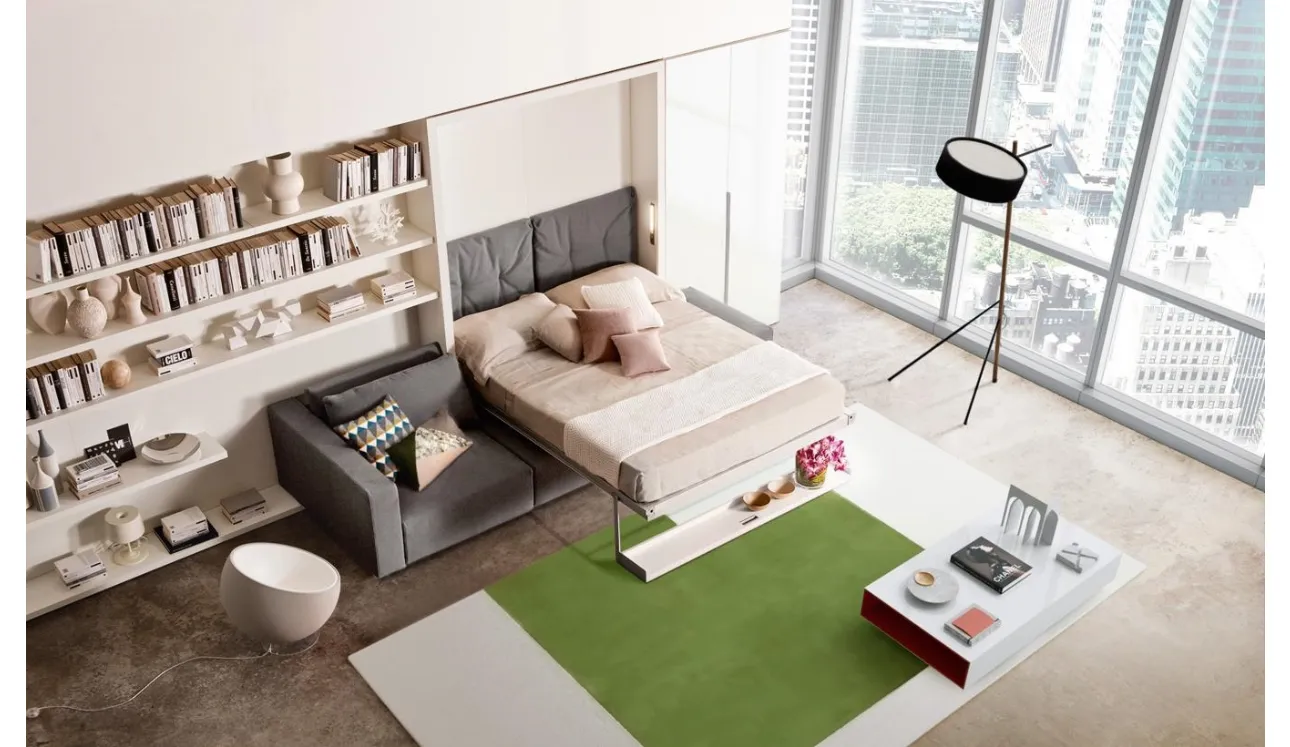Sistema trasformabile Ambiente 03 divano Swing vista aperto con Living Young System componibile di Clei